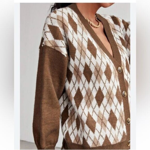SHEIN Argyle Drop Shoulder Button Up Cardigan grandpa’s sweater Medium - Picture 4 of 8